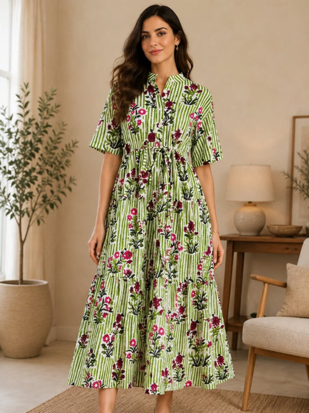 Indian Block Print Cotton Kyra Midi Summer Maxi Boho Maternity Dress for Women